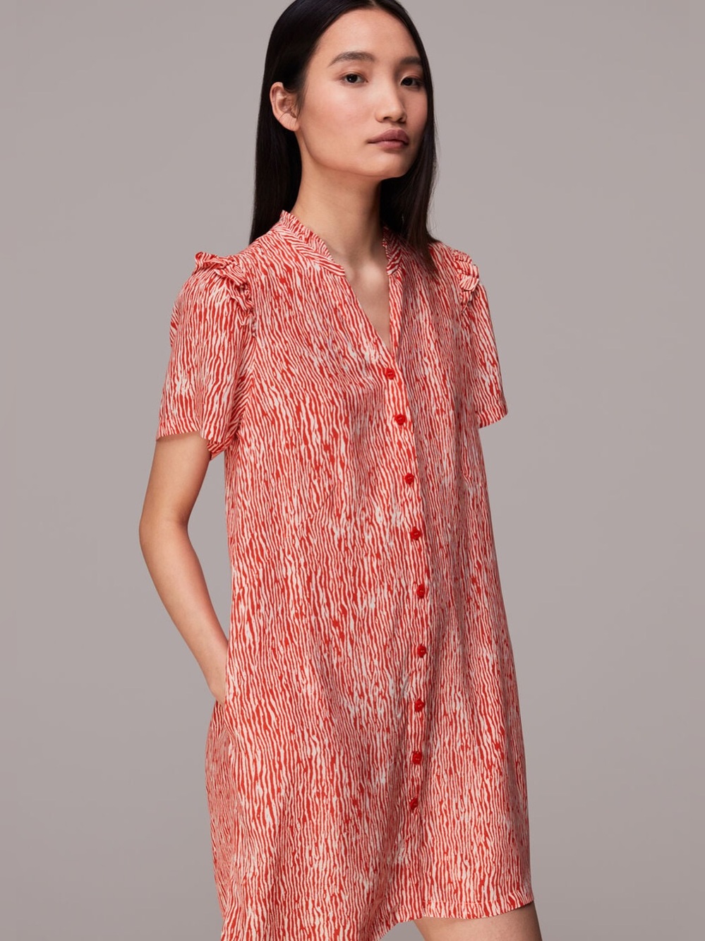 Whistles Red Rosalie Woodland Animal Button Down Shirt Dress Sz 6 Summer Travel